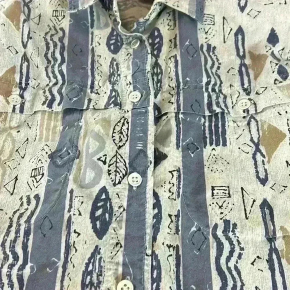 90’s Aztec Tribal Beachy 100% Print Balloon Sleeve Button Down - Picture 2 of 7